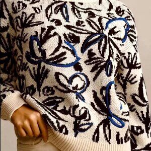 NWOT ANTHROPOLOGIE Floral Pop Embroidered Sweater Wool Blend Blue Pullover Sz M